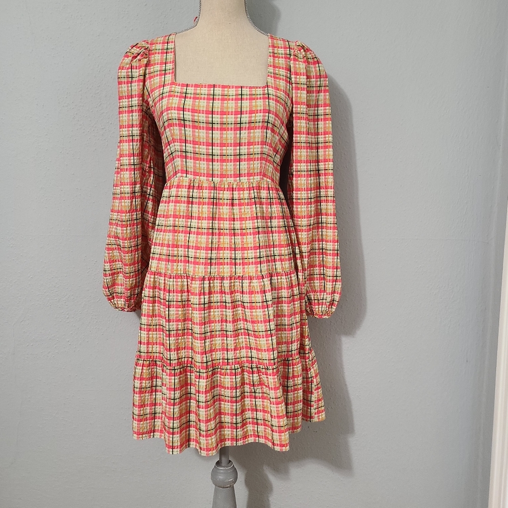 Topshop Textured‎ Coral Check Mini Dress Size 6